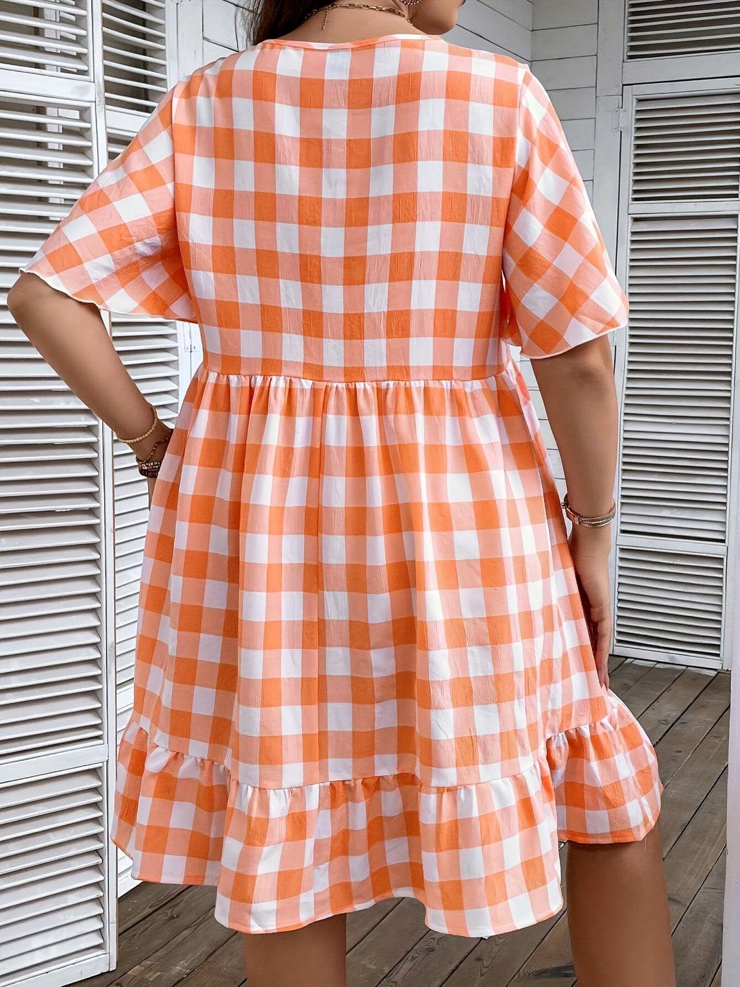 Plus Size V-Neck Gingham Button Front Boho Dress