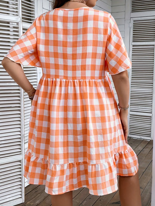 Plus Size V-Neck Gingham Button Front Boho Dress