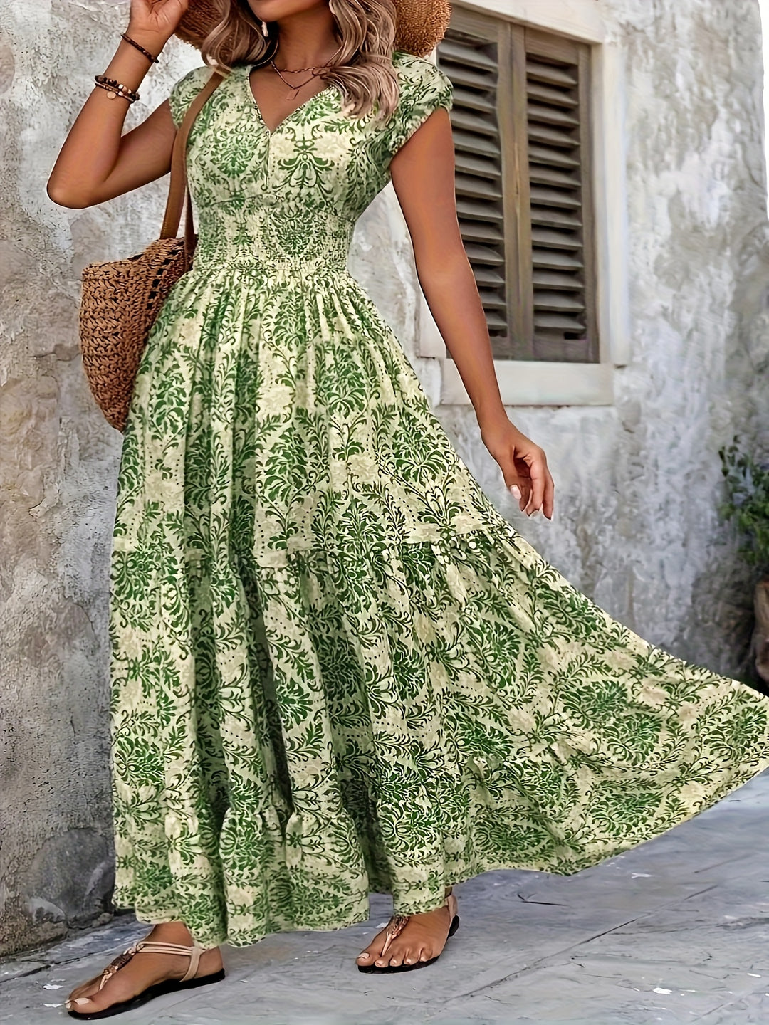 Wide Smocked Waist Intricate Print Flowy Dress