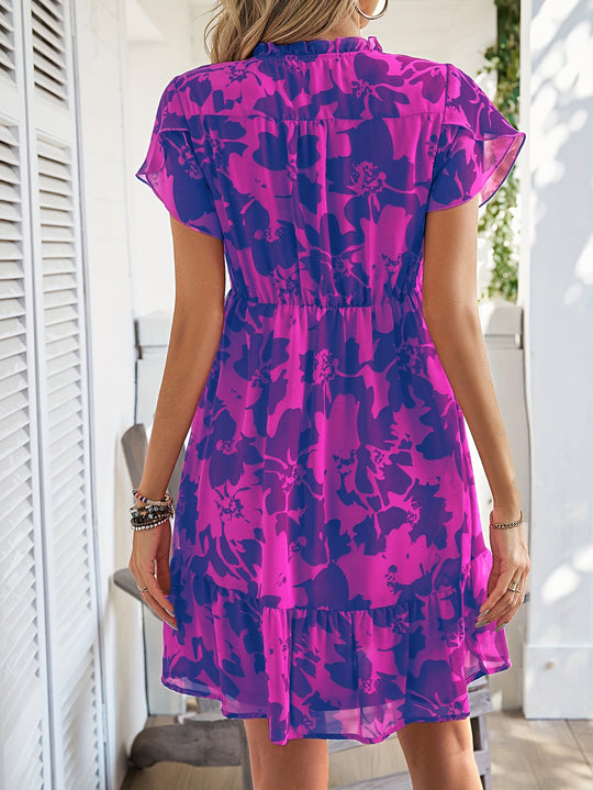 Boho Floral Button Up Ruffle Hem Summer Dress