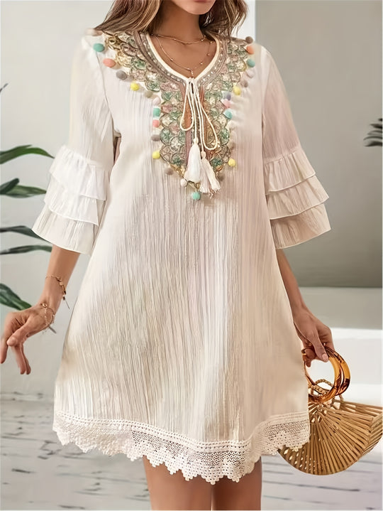 Embroidered Pom-Pom Tiered Sleeve Bohemian Mini Dress