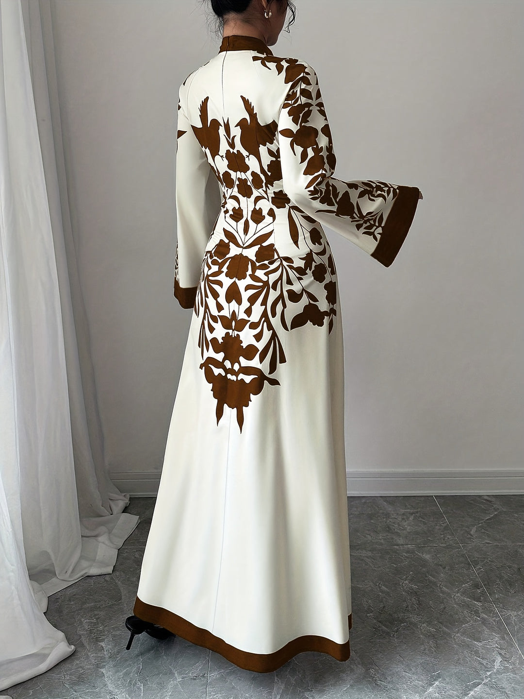 Flared Sleeve Long Floral Panel Evening Maxi Dress
