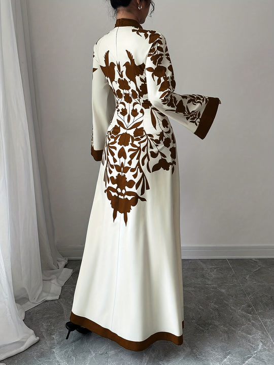 Flared Sleeve Long Floral Panel Evening Maxi Dress