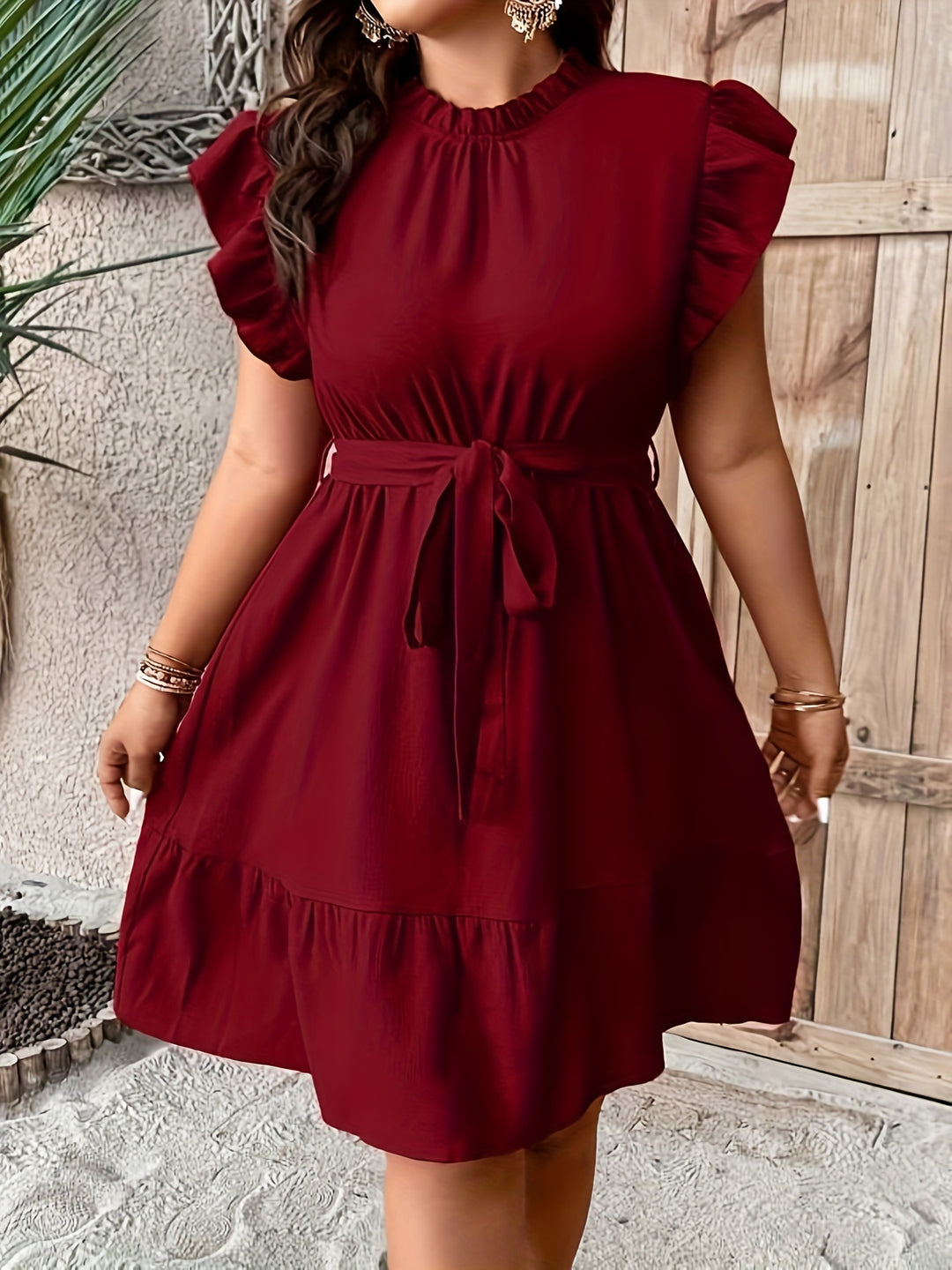 Plus Size Solid Ruffle Hem Belted Dress