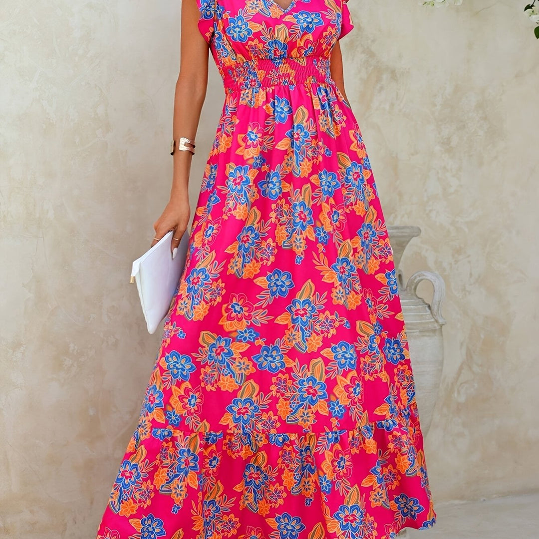Bohemian V-Neck Flutter Sleeve Floral Maxi Dress