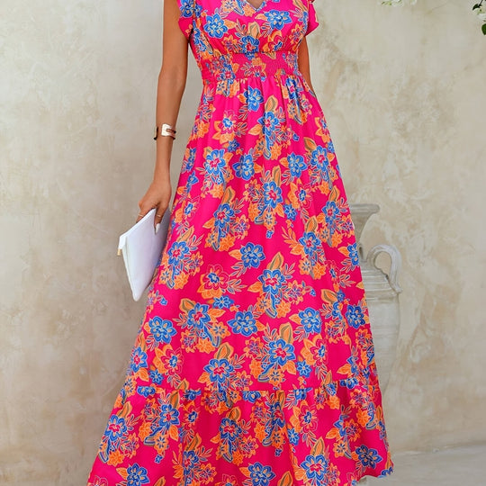 Bohemian V-Neck Flutter Sleeve Floral Maxi Dress