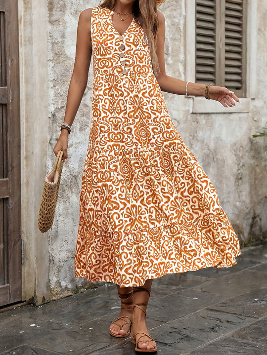 Bohemian V-Neck Button Front Midi Dress