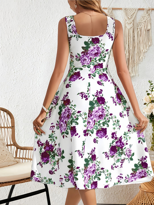 Casual Floral Wide Strap Midi Dress