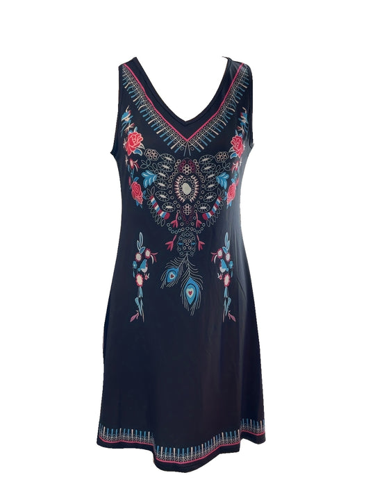 Casual Folkloric Print V-Neck Short Dress