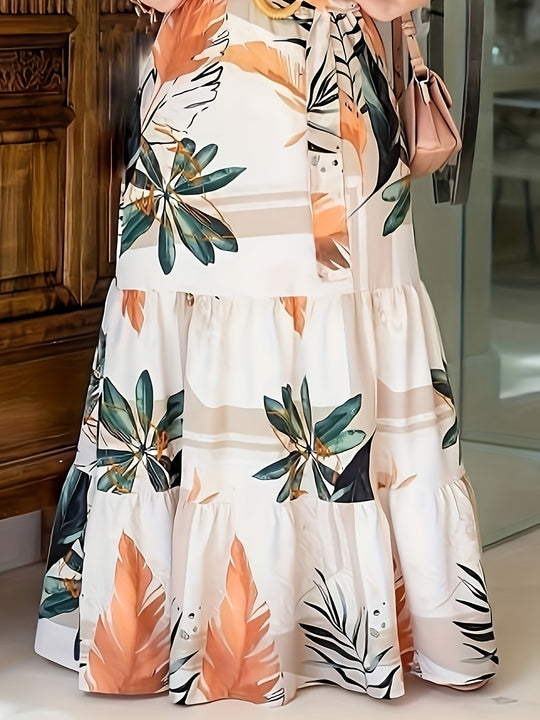 Tropical Print Belted Maxi Dress