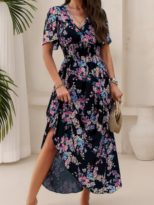 Smocked Waist V-Neck Casual Floral Dress