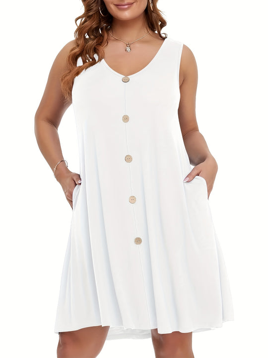 Plus Size Sleeveless Button Front Pocket Boho Summer Dress