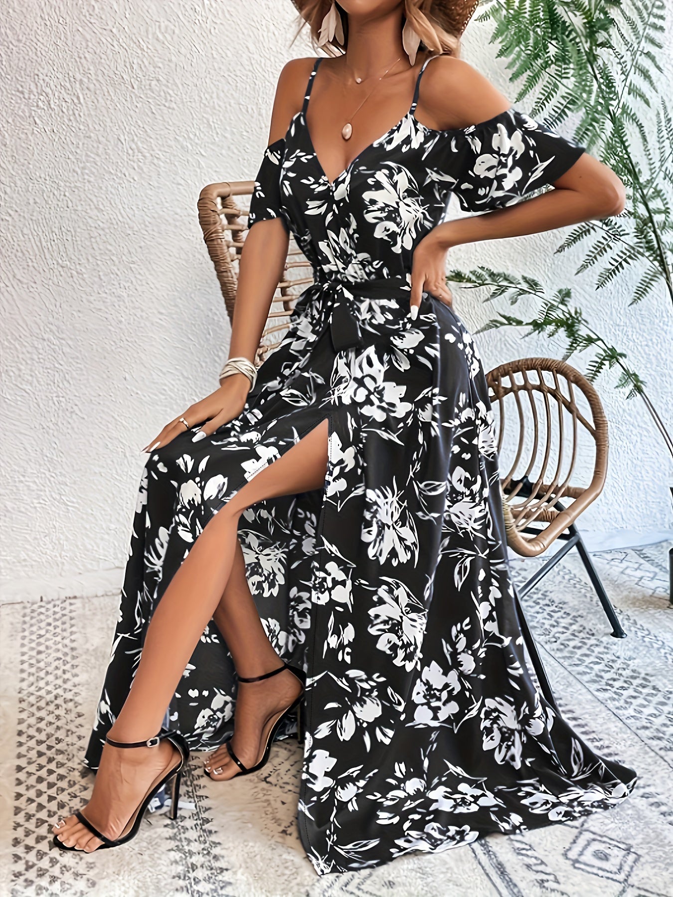 Floral Cold Shoulder Slit Maxi Dress