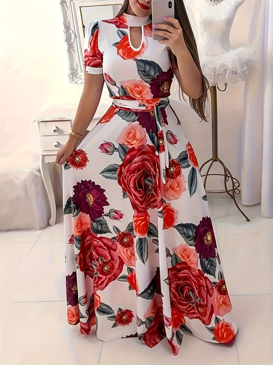 Elegant Rose Print Tie Waist Maxi