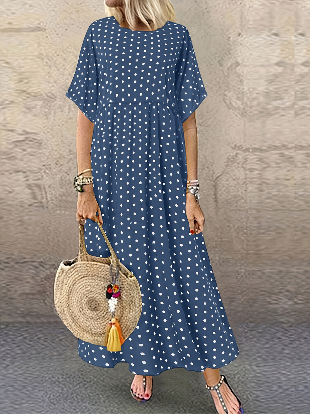 Casual Polka Dot Round Neck Maxi Dress