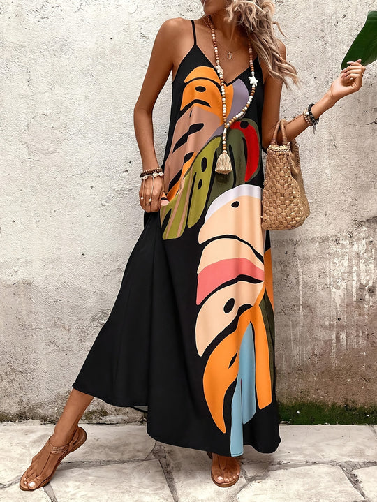 Summer Botanical Graphic Spaghetti Strap Maxi Dress