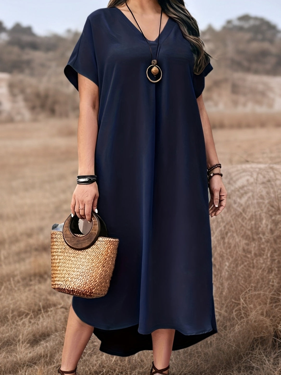 Casual Oversized V-Neck Summer Midi Dress