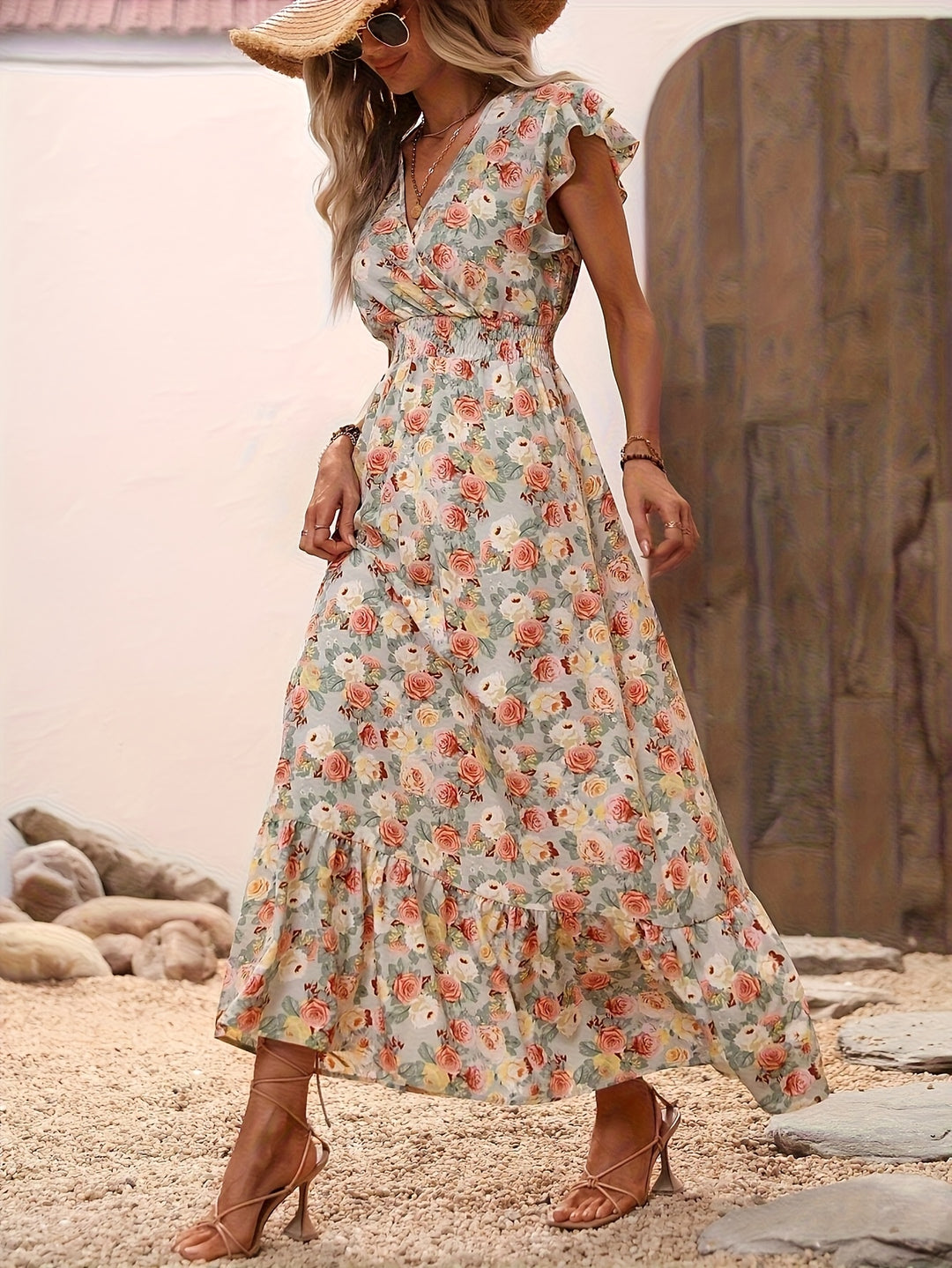 Floral Surplice V-Neck Smocked Maxi Dress