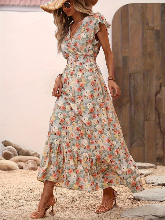 Floral Surplice V-Neck Smocked Maxi Dress