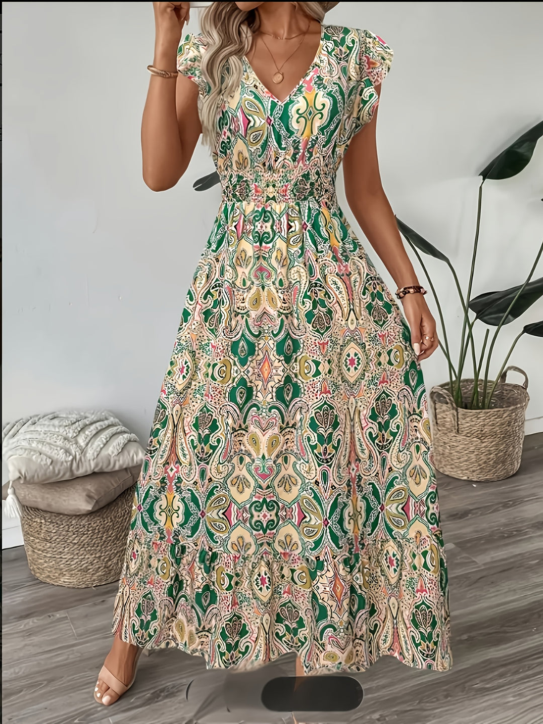 Elegant V-Neck Geometric Print Maxi Dress