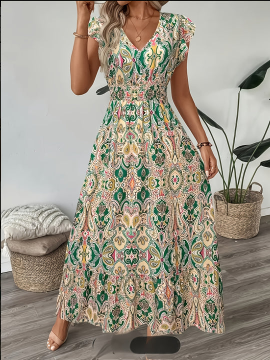 Elegant V-Neck Geometric Print Maxi Dress