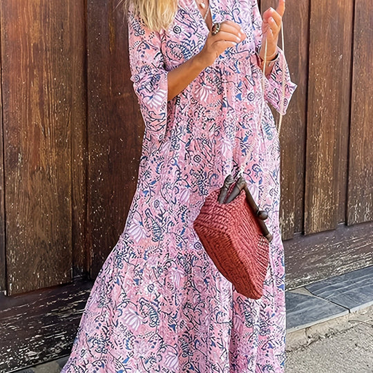 Casual Bell Sleeve Tiered Boho Maxi Dress