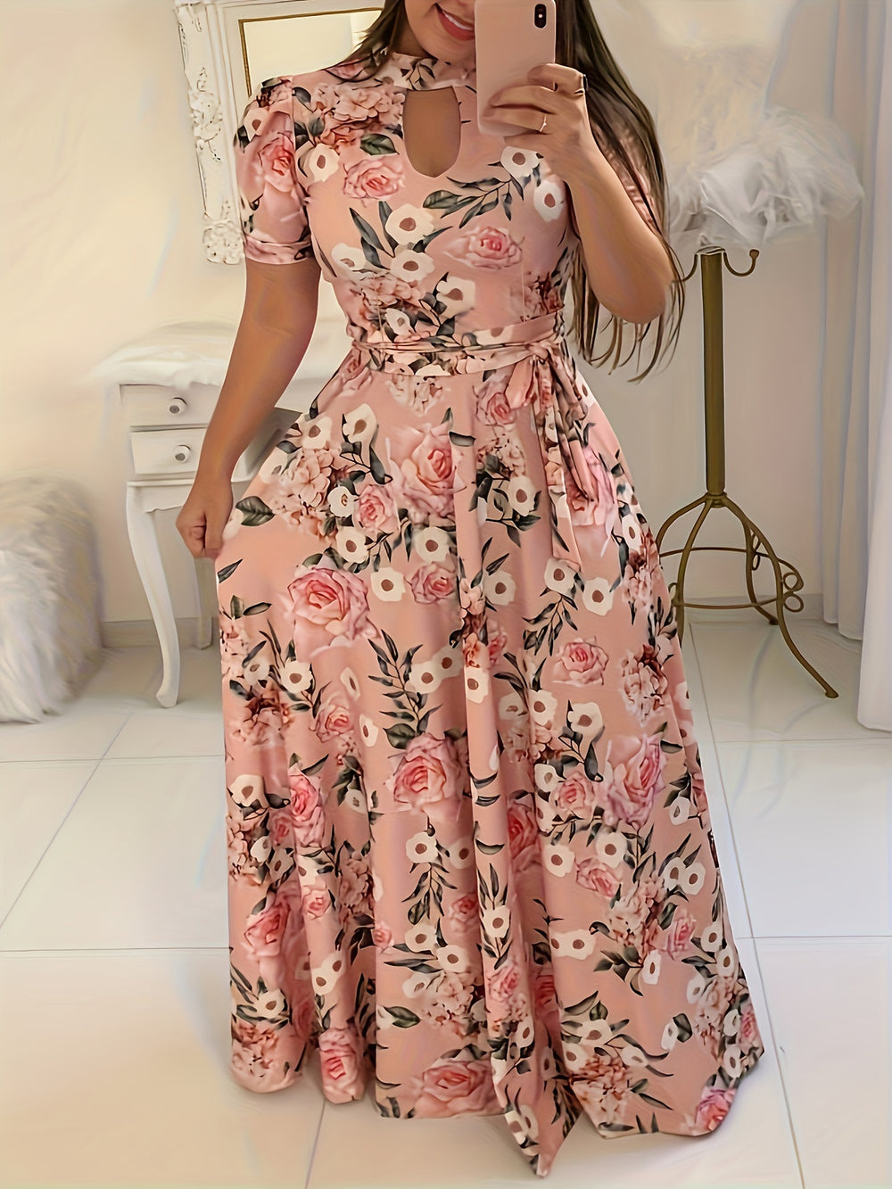 Elegant Rose Print Tie Waist Maxi