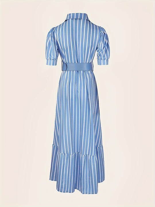 Elegant Belted Puff Sleeve Striped Maxi Dress