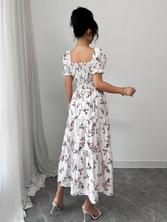 Floral Smocked Bodice Puff Sleeve Midi