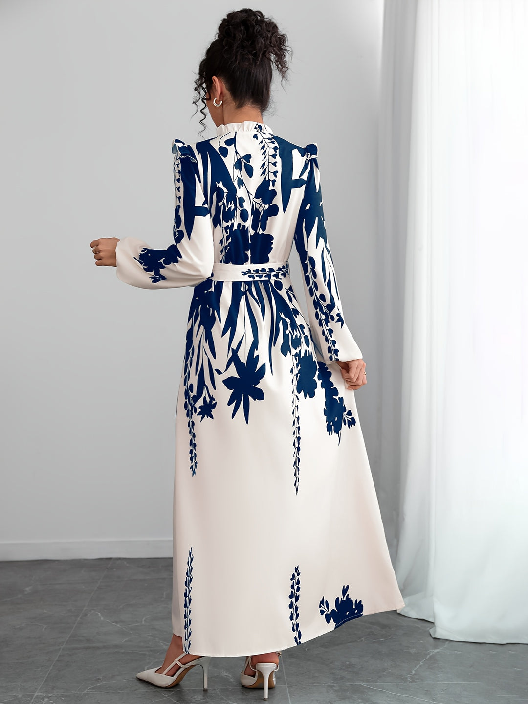 Long Sleeve Floral Print Maxi Dress with Waist Tie