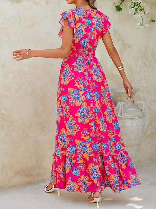 Bohemian V-Neck Flutter Sleeve Floral Maxi Dress
