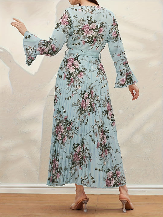 Elegant Floral Pleated Long Sleeve Maxi Dress