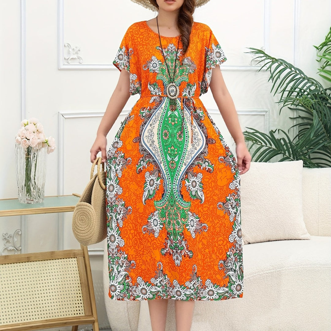 Casual Short Sleeve Oversized Print Maxi Dress