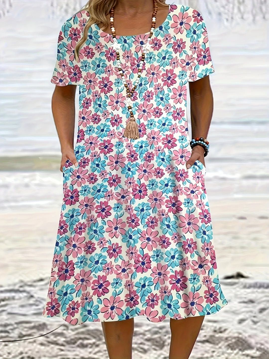 Casual Scoop Neck Floral Midi Dress