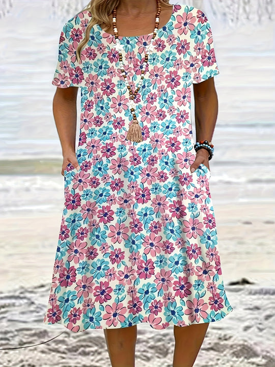 Casual Scoop Neck Floral Midi Dress