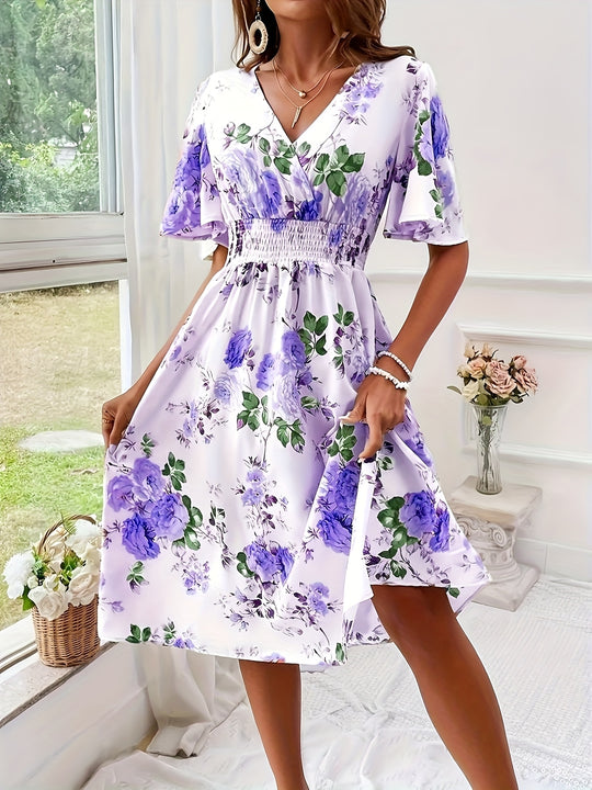 Floral Print V-Neck Flutter Sleeve Smocked Midi Dress - Plus Size