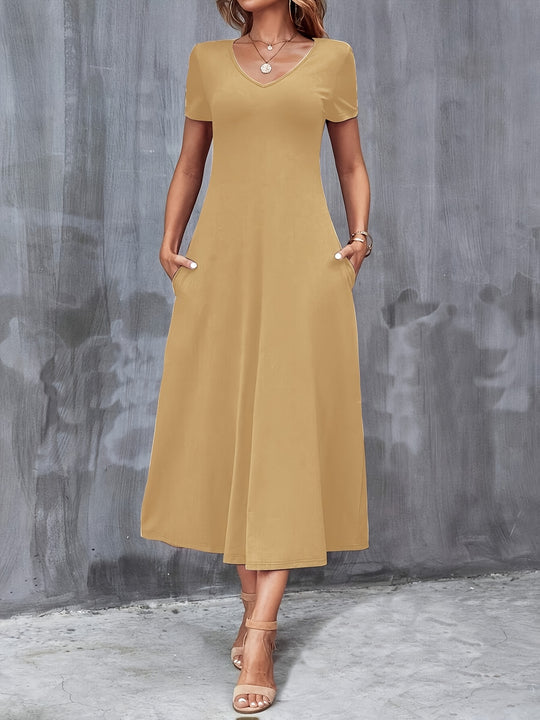 Casual V-Neck Pocket Midi Dress