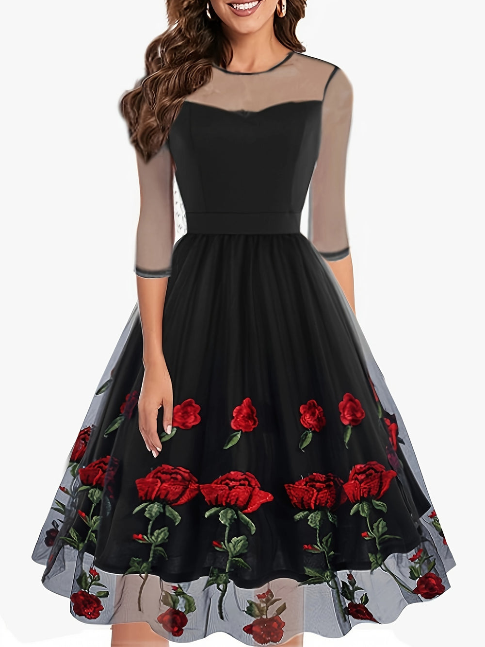 Romantic Rose Embroidered Tulle Cocktail Dress