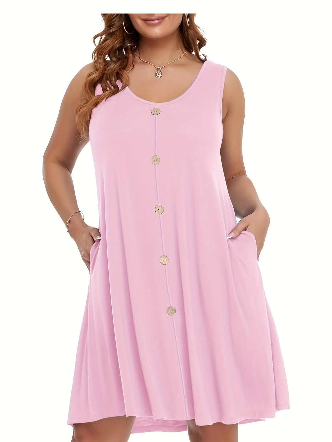 Plus Size Sleeveless Button Front Pocket Boho Summer Dress