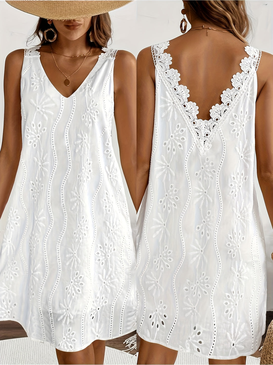 Bohemian V-Back Eyelet Sleeveless Dress