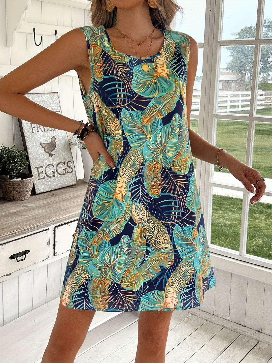 Tropical Print Sleeveless Flowy Bohemian Dress