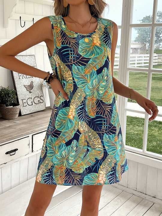 Tropical Print Sleeveless Flowy Bohemian Dress