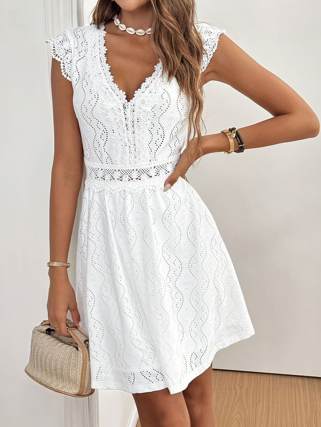 Casual Scalloped V-Neck Fit Flare Mini Dress