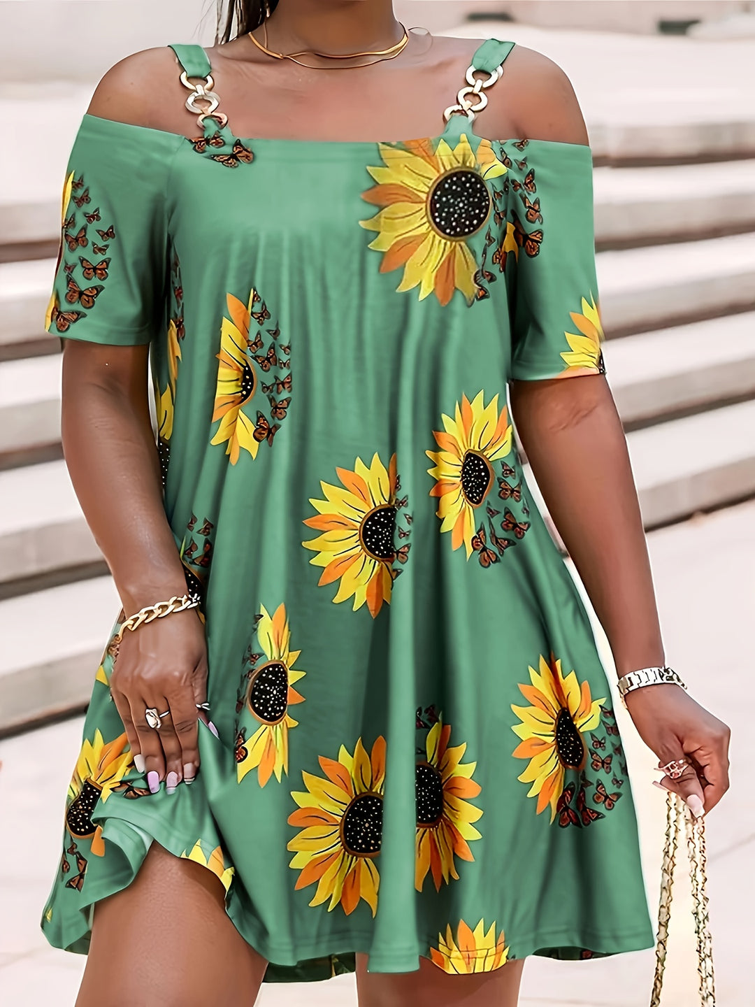 Plus Size Chain Strap Sunflower Print Boho Summer Dress
