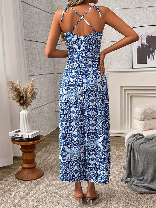 Mediterranean Pattern Adjustable Strap Dress