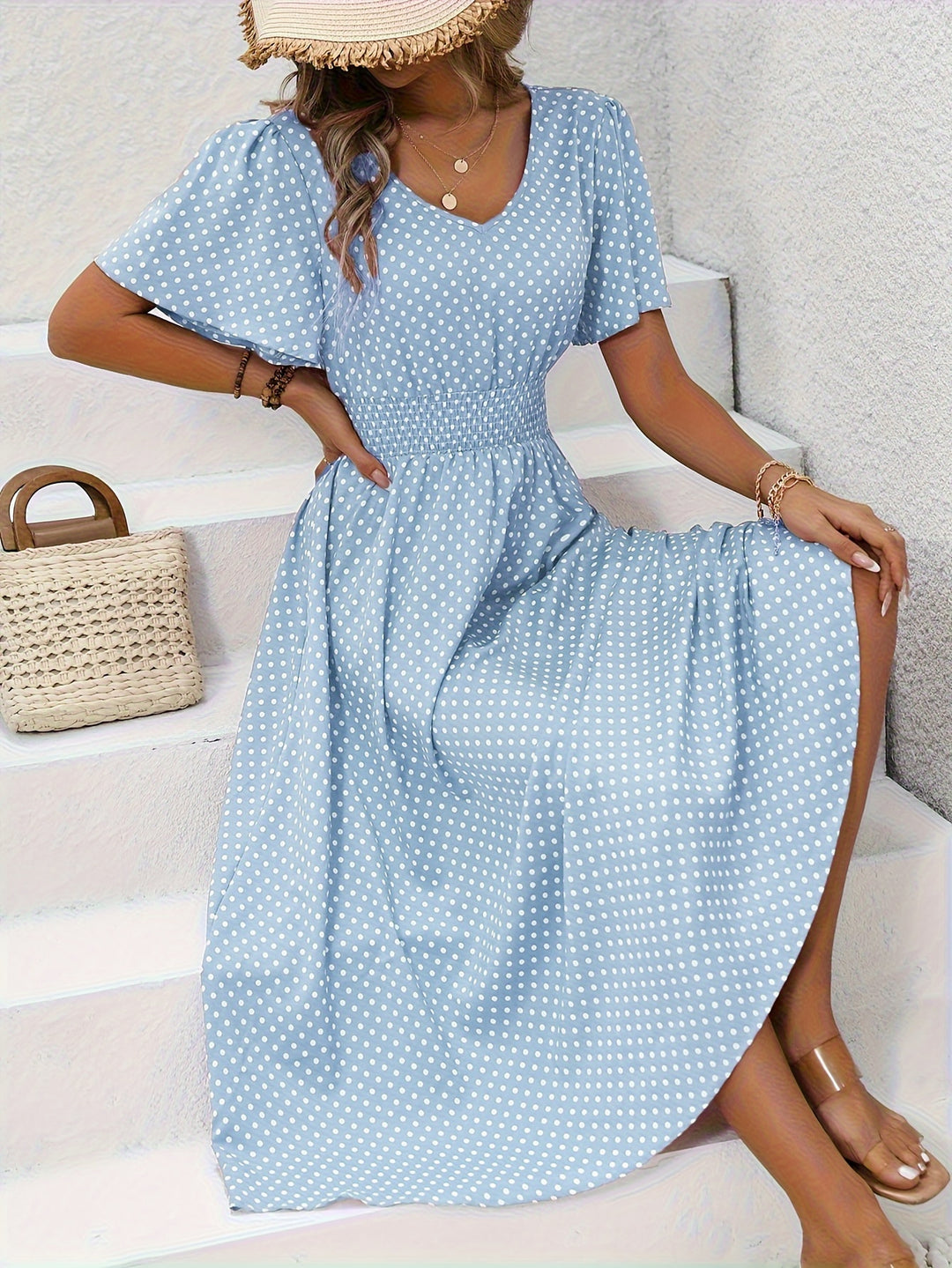 Bohemian Polka Dot Flowy Smocked Dress