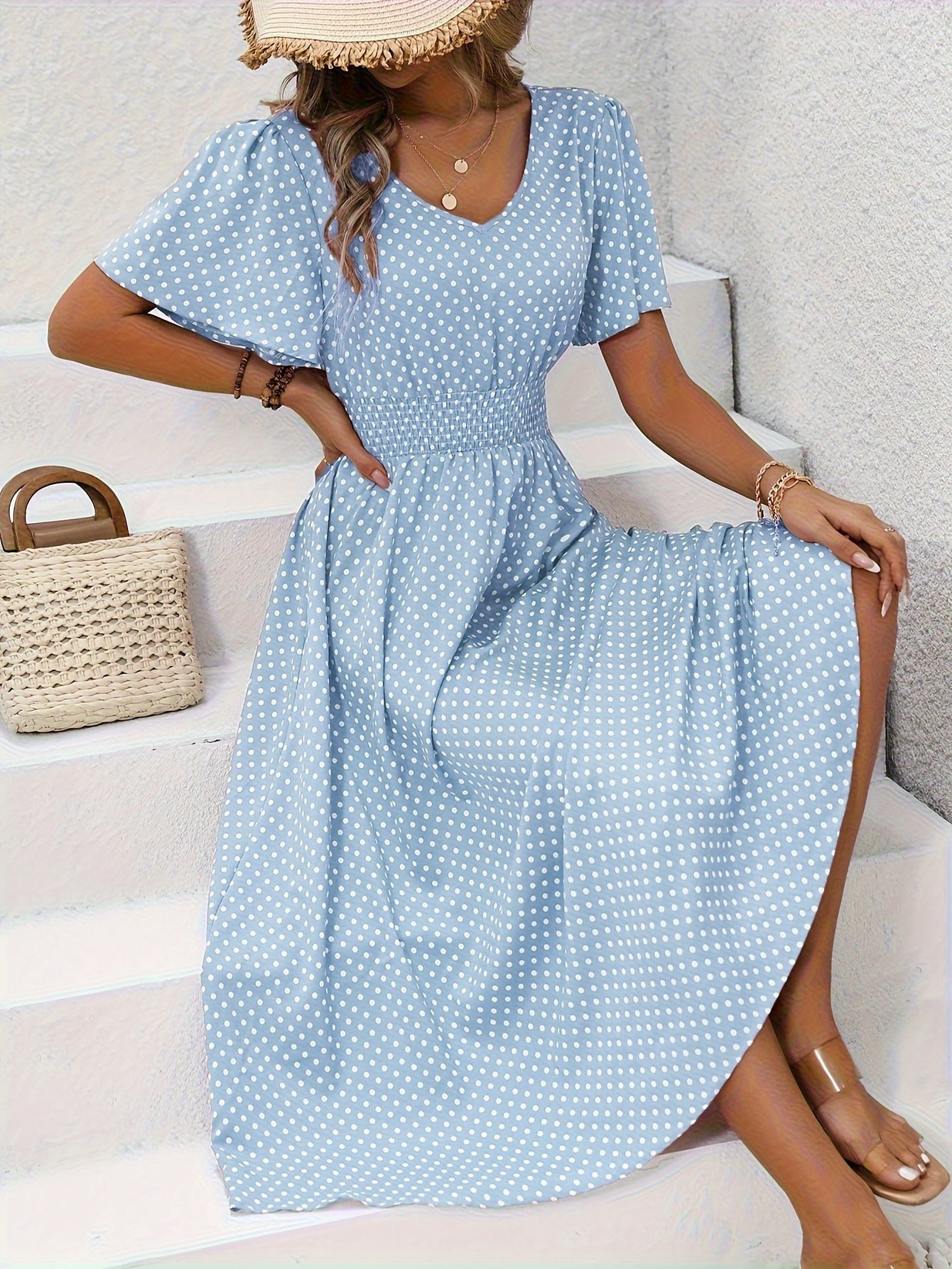 Bohemian Polka Dot Flowy Smocked Dress