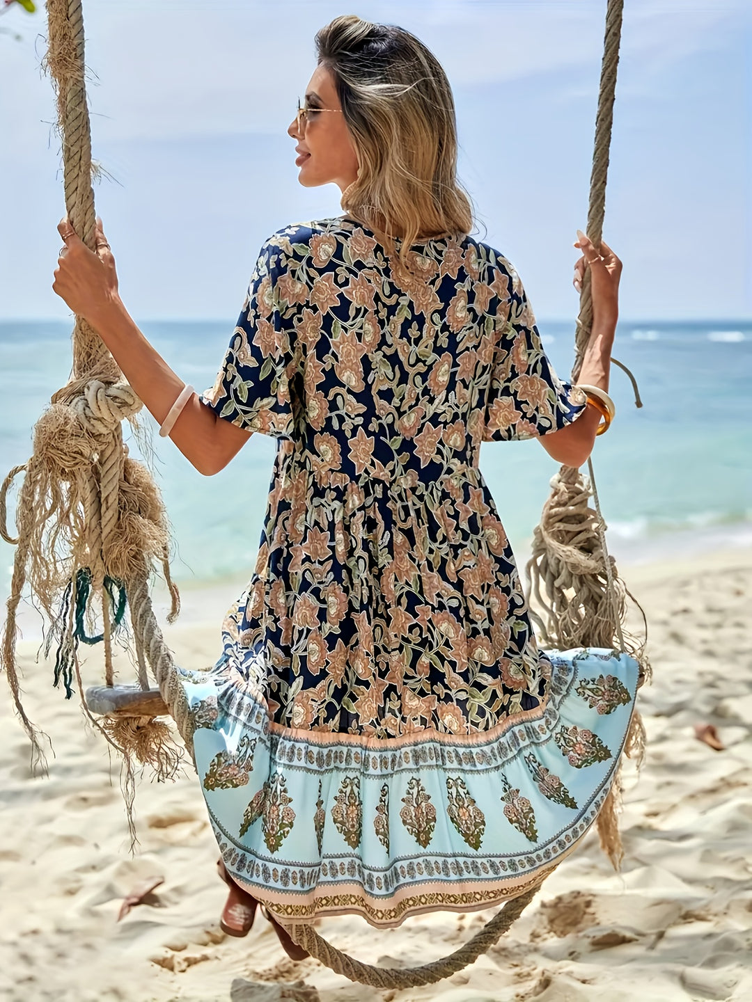 Mixed Print Short Sleeve Bohemian Summer Dress