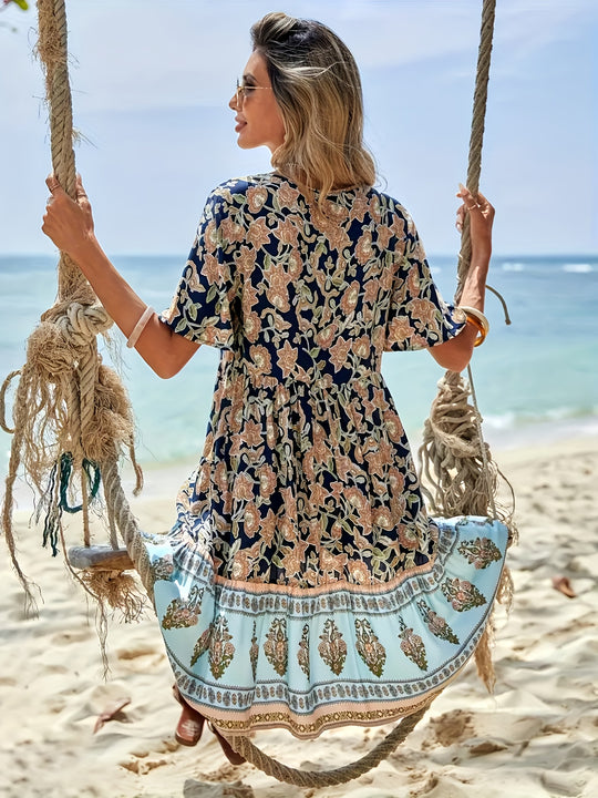 Mixed Print Short Sleeve Bohemian Summer Dress