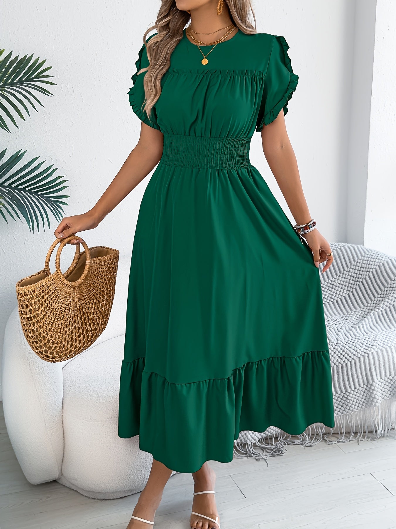 Boho Flutter Sleeve Smocked Waist Maxi Dress